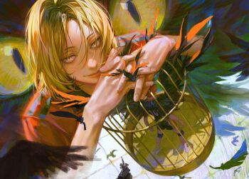 Rule 34 | 2boys, birdcage, black hair, black wings, blonde hair, cage, cat, commentary request, falling feathers, feathers, full body, haikyuu!!, highres, hinata shouyou, karasuno volleyball uniform, knee pads, korean commentary, kozume kenma, lips, male focus, mini person, miniboy, multicolored hair, multiple boys, nekoma volleyball uniform, nose, orange hair, roots (hair), short hair, slit pupils, sportswear, spread wings, standing, two-tone hair, volleyball uniform, wings, yellow eyes, zero q 0q