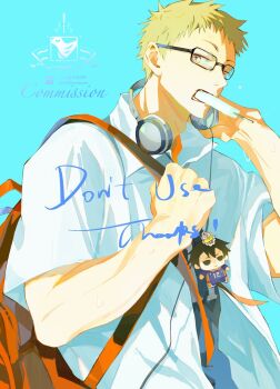 Rule 34 | 1boy, adam's apple, backpack, bag, blonde hair, blue background, character doll, collared shirt, doll, food, food in mouth, glasses, haikyuu!!, headphones, headphones around neck, highres, male focus, mouth hold, orange bag, popsicle, popsicle in mouth, rectangular eyewear, sherniaote, shirt, simple background, solo, tsukishima kei, watermark, white shirt, yamaguchi tadashi, yellow eyes
