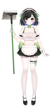 Rule 34 | 1girl, apron, black hair, black hairband, black shoes, black skirt, blue hair, blush, breasts, brown eyes, chitetan, cleavage, cleavage cutout, closed mouth, clothing cutout, commentary request, copyright request, dotted line, frilled apron, frilled hairband, frills, full body, gloves, hairband, hand up, heart, heart cutout, holding, holding mop, large breasts, looking at viewer, maid, mop, multicolored hair, pantyhose, pleated skirt, shoes, simple background, skirt, smile, solo, standing, two-tone hair, virtual youtuber, waist apron, watermark, white apron, white background, white gloves, white pantyhose
