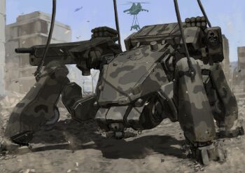Rule 34 | aircraft, blue sky, building, camouflage, desert camouflage, helicopter, highres, mecha, military, military vehicle, missile pod, no humans, original, outdoors, robot, rotary cannon, science fiction, sky, tyokugekidato