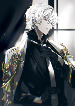 1boy adjusting_clothes adjusting_necktie black_gloves black_shirt blurry blurry_background chromatic_aberration closed_mouth coat coat_on_shoulders coldiron collared_shirt colored_eyelashes curtains feng_qi_chang&#039;an:yu_gu_ren formal_clothes gloves hair_between_eyes half_gloves highres indoors light_particles long_sleeves looking_at_viewer male_focus necktie red_eyes shirt short_hair solo upper_body white_coat white_hair white_necktie window xiao_mian