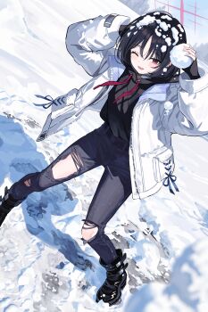 Rule 34 | 1girl, absurdres, bandaged neck, bandages, black boots, black hair, black hoodie, black mask, blue archive, blue sky, boots, closed mouth, commentary request, day, denim, foot out of frame, halo, highres, holding, holding snowball, hood, hoodie, hoodie tucked in, jacket, jeans, long sleeves, looking at viewer, mask, mask pull, misaki (blue archive), mouth mask, nanjo maya, one eye closed, open mouth, outdoors, pants, red eyes, red halo, short hair, sky, sleeves past wrists, smile, snow, snow on head, snowball, solo, surgical mask, torn clothes, torn jeans, torn pants, tree, white jacket, winter