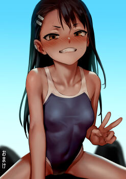 Rule 34 | 1girl, as109, black hair, blue one-piece swimsuit, blush, breasts, brown eyes, collarbone, covered navel, fang, girl on top, hair ornament, hairclip, highres, ijiranaide nagatoro-san, lips, long hair, looking at viewer, nagatoro hayase, one-piece swimsuit, school swimsuit, small breasts, solo focus, sweat, swimsuit, tan, teeth, v