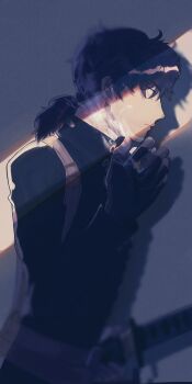 Rule 34 | 1boy, absurdres, awapontasu, black gloves, black hair, blurry, commentary request, expressionless, fate/samurai remnant, fate (series), from side, frown, gloves, highres, holding, holding sword, holding weapon, male focus, medium hair, miyamoto iori (fate), miyamoto iori (phantasmal dress) (fate), ponytail, shade, sheath, sheathed, smoke, solo, sword, upper body, weapon