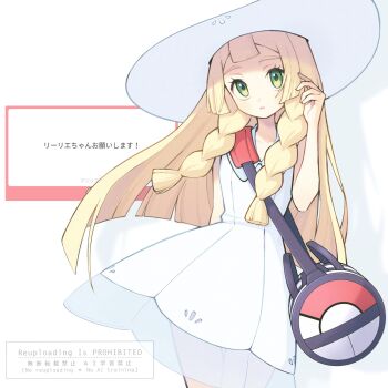 1girl bag blonde_hair blunt_bangs braid breasts closed_mouth collared_dress dress duffel_bag green_eyes hat highres lillie_(pokemon) long_hair looking_at_viewer nintendo noi_(noi_pk27) poke_ball_theme pokemon pokemon_sm sleeveless sleeveless_dress solo sun_hat sundress twin_braids white_dress white_hat