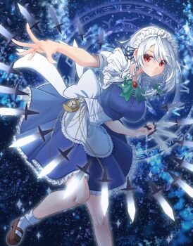 Rule 34 | 1girl, absurdres, apron, artist name, between fingers, bow, bowtie, braid, brown shoes, chain, chinese commentary, closed mouth, commentary, dated, gold chain, green bow, green bowtie, grey hair, hair bow, highres, holding, holding knife, izayoi sakuya, knife, knives between fingers, loafers, long hair, looking at viewer, luo chen levi, magic circle, maid, maid headdress, pocket watch, puffy short sleeves, puffy sleeves, red eyes, shoes, short sleeves, socks, solo, touhou, twin braids, waist apron, watch, weapon, white apron, white socks