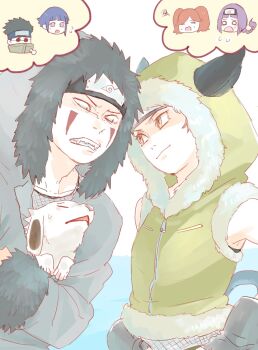 2boys 4girls aburame_shino akamaru_(naruto) boruto:_naruto_next_generations brown_eyes brown_hair closed_mouth coat dog fishnets fur_coat green_jacket grey_coat highres hyuuga_hinata inuzuka_kiba izuno_wasabi jacket kakei_sumire konohagakure_symbol long_sleeves looking_at_another meitarou multiple_boys multiple_girls naruto_(classic) naruto_(series) ninja o_o open_mouth sleeveless suzumeno_namida teeth time_paradox