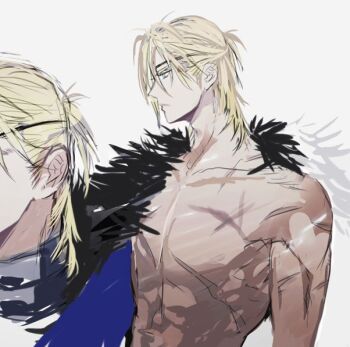 1boy abs black_fur blue_cape blue_eyes cape closed_mouth collarbone cropped dimitri_alexandre_blaiddyd dimitri_alexandre_blaiddyd_(timeskip) fire_emblem fire_emblem:_three_houses frown male_focus medium_hair multiple_scars multiple_views nintendo nude pectorals profile scar scars_all_over sideburns too_many tsukimura_noe white_background white_fur