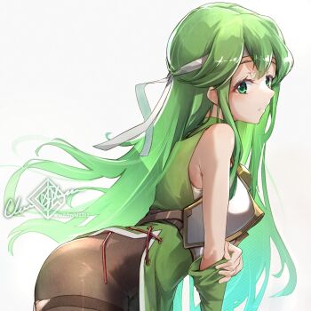 1girl armor bare_shoulders black_pantyhose blush breastplate breasts clear_glass_(mildmild1311) detached_sleeves dress fire_emblem fire_emblem:_mystery_of_the_emblem fire_emblem:_shadow_dragon fire_emblem_heroes green_dress green_eyes green_hair hair_ribbon headband highres long_hair medium_breasts nintendo palla_(fire_emblem) pantyhose ribbon sleeveless sleeveless_dress solo white_headband
