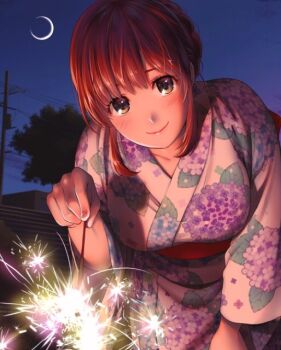 1girl blush breasts brown_eyes brown_hair domestic_na_kanojo fireworks holding holding_fireworks japanese_clothes kimono large_breasts leaning_forward looking_at_viewer night night_sky sasuga_kei sky smile tachibana_hina