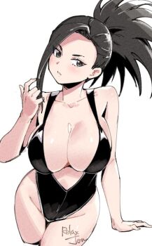 Rule 34 | 1girl, artist name, bare shoulders, bikini, black eyes, black hair, black one-piece swimsuit, boku no hero academia, breasts, cleavage, clothes pull, collarbone, cropped legs, hair pulled back, highleg, highleg one-piece swimsuit, large breasts, long hair, looking at viewer, navel, one-piece swimsuit, one-piece swimsuit pull, open mouth, ponytail, relaxjon, signature, simple background, solo, swimsuit, thighs, white background, yaoyorozu momo