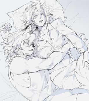 2boys animal_ears claws closed_eyes commentary english_commentary furry furry_male hug hugo_vlad male_focus multiple_boys mupdoots muscular muscular_male navel pajamas parted_lips shirt sleeping sleeveless sleeveless_shirt tank_top von_lycaon wolf_boy wolf_ears zenless_zone_zero