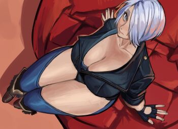 1girl angel_(kof) backless_pants blue_eyes boots bra breasts chaps cleavage commentary cowboy_boots crop_top cropped_jacket dairenke_art english_commentary fingerless_gloves gloves hair_over_one_eye highres jacket large_breasts leather leather_jacket looking_at_viewer midriff navel panties pants short_hair snk solo strapless strapless_bra the_king_of_fighters the_king_of_fighters_xiv toned toned_female underwear white_hair