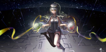 1girl asymmetrical_legwear cape dress female_focus hat highres long_hair looking_at_viewer mismatched_legwear original physics silver_hair sleeveless solo thigh_strap wangchuan_de_quanyan yellow_eyes