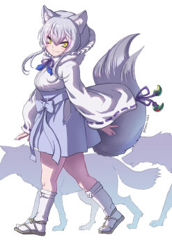 1girl alternate_legwear animal_ears blue_skirt blush bow bowtie fur_collar grey_hair hair_between_eyes high-waist_skirt highres japanese_clothes kemono_friends kosai_takayuki long_sleeves looking_at_viewer makami_(kemono_friends) multicolored_hair purple_bow purple_bowtie sandals shirt short_hair short_hair_with_long_locks sidelocks skirt smile socks solo tail walking white_fur white_hair white_shirt white_socks wolf wolf_ears wolf_girl wolf_tail yellow_eyes