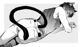 Rule 34 | 1boy, ace of diamond, animal ears, ass, baseball uniform, blush, border, cat boy, cat ears, cat tail, commentary request, compression shirt, embarrassed, from behind, grey background, greyscale, looking at viewer, looking back, male focus, miyuki kazuya, monochrome, outside border, renorenoko, short hair, socks, socks over pants, solo, sportswear, tail, white border