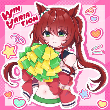 absurdres alternate_costume alternate_hairstyle animal_ears blush breasts character_name cheerleader closed_mouth collarbone green_eyes hair_between_eyes hair_ornament highres horse_girl long_hair looking_at_viewer midriff navel pom_pom_(cheerleading) simple_background smile twintails u_nyanpocoo_u umamusume win_variation_(umamusume)