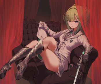 Rule 34 | 1girl, armored boots, artist logo, artist name, black shirt, boots, breasts, brooch, collared shirt, commentary request, couch, crossed legs, curtains, gauntlets, gem, gloves, green gemstone, green hair, grey gloves, grey jacket, grey ribbon, grey skirt, highres, jacket, jewelry, kitsune hero, korean commentary, logo, long sleeves, looking at viewer, medium hair, miniskirt, multicolored eyes, neck ribbon, on couch, parted lips, pleated skirt, reclining, ribbon, shirt, single gauntlet, single glove, skirt, solo, stellive, sword, thighs, two-tone eyes, virtual youtuber, weapon, wing collar, yuzuha riko