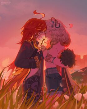 Rule 34 | 2girls, absurdres, ahoge, animal ears, black bodysuit, black gloves, black jacket, black shorts, bodysuit, closed eyes, commentary, commission, dusk, earrings, english commentary, genshin impact, gloves, grass, highres, jacket, jaguar ears, jewelry, kosoruchka, long hair, looking at another, mavuika (genshin impact), multiple girls, off shoulder, outdoors, red hair, shorts, sunset, twitter username, white hair, xilonen (genshin impact), yuri
