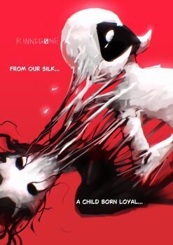 1girl 1other absurdres arthropod_girl black_skin colored_skin english_text highres hollow_eyes hollow_knight hollow_knight:_silksong lace_(hollow_knight) mask phantom_(hollow_knight) red_background rinneg0ne_art tears white_eyes white_mask white_skin