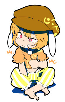 Rule 34 | 1girl, animal ears, blonde hair, dango, female focus, flat cap, floppy ears, food, hat, moyazou (kitaguni moyashi seizoujo), open mouth, orange shirt, rabbit ears, red eyes, ringo (touhou), shirt, short hair, short sleeves, shorts, smile, smirk, solo, touhou, wagashi