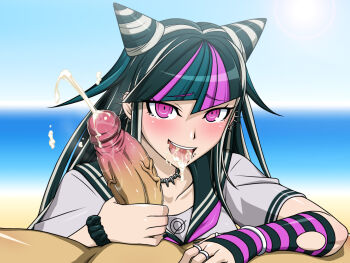 1girl beach black_hair black_straps blue_eyes blush censored clothed_female_nude_male cum cum_in_mouth danganronpa_(series) danganronpa_2:_goodbye_despair ear_piercing eyebrows eyelashes face_piercing fingerless_gloves girthy_penis gloves hair_horns handjob hetero highres kurojiya lip_piercing long_hair looking_at_viewer mioda_ibuki mosaic_censoring multicolored_gloves multicolored_hair nude ocean open_mouth orgasm outdoors penis piercing pink_eyes pink_hair pov pov_crotch public_indecency public_nudity ruined_orgasm sailor_collar saliva sand school_uniform scrunchie shiny_skin short_sleeves single_glove sky solo_focus striped_clothes striped_gloves tears teeth tongue tongue_out torn_clothes upper_teeth_only white_hair