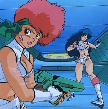 1980s_(style) 2girls blue_hair breasts brown_hair cleavage dirty_pair dokite_tsukasa earrings fingerless_gloves gloves green_eyes gun headband highres holding holding_gun holding_weapon jewelry kei_(dirty_pair) long_hair looking_at_viewer multiple_girls navel official_art oldschool open_mouth red_hair retro_artstyle short_hair weapon yuri_(dirty_pair)