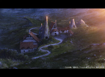 Rule 34 | black border, border, cola (gotouryouta), commentary request, dawn, fence, fog, from above, house, morning, no humans, official art, outdoors, road, rock, scenery, tongari boushi no atelier, tree, wooden fence