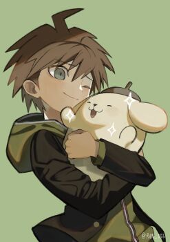 1boy ^_^ absurdres ahoge arms_up beret brown_hair closed_eyes closed_mouth commentary_request cowboy_shot danganronpa:_trigger_happy_havoc danganronpa_(series) green_background green_eyes hareruya_(smomo2227) hat highres hood hood_down jacket layered_sleeves long_sleeves male_focus naegi_makoto one_eye_closed open_mouth pompompurin sanrio short_hair simple_background smile sparkle sparkling_aura tongue zipper