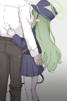 1boy 1girl black_hat black_jacket black_pants black_skirt black_tail blue_archive blush clothes_grab ear_blush gloves grabbing_another&#039;s_ass green_hair green_halo groping halo hat hetero hikari_(blue_archive) jacket loli long_hair long_sleeves niss_oekaki pants pantyhose pointy_ears shirt shirt_grab skirt solo_focus standing tail tail_around_another&#039;s_leg tail_wrap white_gloves white_pantyhose white_shirt