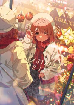 1girl adjusting_hair bag bell beret buttons chain christmas christmas_tree coat commentary_request cowboy_shot english_text hair_over_one_eye handbag hat highres light_brown_hair light_particles looking_at_self medium_hair night open_clothes open_coat original ornament outdoors plaid_clothes plaid_skirt reflection reflective_surface sakatsuki_yakumo scarf skirt star_(symbol) white_coat window winter yellow_eyes