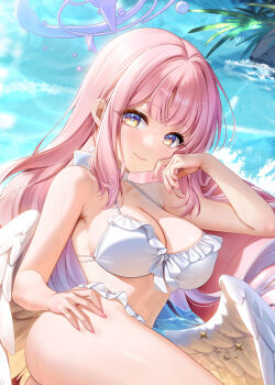 1girl angel_wings bare_arms bare_shoulders barefoot bikini blue_archive breasts choker cleavage closed_mouth collarbone commentary_request feathered_wings frilled_bikini frills halo hand_on_own_thigh jg&amp;solin light_blush looking_at_viewer low_wings mika_(blue_archive) mika_(swimsuit)_(blue_archive) official_alternate_costume official_alternate_hairstyle pink_hair pink_halo pink_nails purple_eyes smile solo swimsuit water white_bikini white_choker white_wings wing_ornament wings