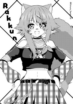 1girl :d absurdres animal_ears asymmetrical_sidelocks bandaid bandaid_on_face bandaid_on_nose bare_shoulders belt blush character_name commentary cropped_shirt fangs fishnet_top fishnets greyscale grid_background hair_ornament hairclip halterneck hands_on_own_hips highres kimurasenpai leaf linea_alba looking_at_viewer midriff monochrome navel off-shoulder_shirt off_shoulder open_mouth owozu plaid_arm_warmers plaid_clothes plaid_skirt pleated_skirt raccoon_ears raccoon_tail rakkun_sutaru rakkun_sutaru_(3rd_costume) shirt short_hair sidelocks skirt smile spanish_commentary stomach straight-on striped_tail tail twitter_username unmoving_pattern virtual_youtuber wallet_chain