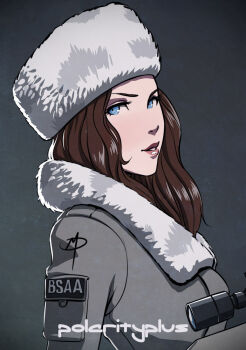 Rule 34 | 1girl, alternate costume, blue eyes, brown hair, female focus, fur collar, fur hat, gun, hat, jessica sherawat, lips, long hair, military, military uniform, polarityplus, resident evil, resident evil: revelations, rifle, scope, sniper rifle, solo, upper body, ushanka, weapon, winter clothes