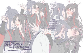 !? 2boys absurdres actcat3 ahoge black_hair black_hanfu blush chinese_clothes closed_eyes closed_mouth couple ear_blush hair_ribbon hand_on_another&#039;s_cheek hand_on_another&#039;s_chest hand_on_another&#039;s_face hand_on_another&#039;s_shoulder hand_up hanfu headband high_ponytail highres hug hug_from_behind kiss lan_wangji licking licking_another&#039;s_neck long_hair long_sleeves looking_at_another male_focus modao_zushi multiple_boys multiple_views open_mouth ponytail purple_eyes red_ribbon ribbon robe sidelocks simple_background sleeves_past_wrists smile speech_bubble sweat thought_bubble tongue tongue_out topknot twitter_username wavy_mouth wei_wuxian white_background white_hanfu white_headband wide_sleeves xiao_guan_(headdress) yaoi yellow_eyes