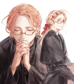 1boy bane_meni0512 brown_eyes brown_hair closed_eyes cross cross_necklace degrees_of_lewdity glasses highres holding holding_cross jewelry long_hair multiple_views necklace praying priest simple_background sydney_(degrees_of_lewdity) sydney_(male)_(degrees_of_lewdity) watermark white_background