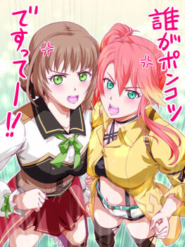 bikini blush braid braided_bun brown_hair commentary_request cowl_neck duvalie eiyuu_densetsu green_eyes hair_bun hajimari_no_kiseki jacket judith_lanster kai_no_kiseki kuro_no_kiseki_(series) kuro_no_kiseki_i looking_at_viewer multicolored_hair open_mouth orange_hair ponytail sailor_bikini sailor_collar sen_no_kiseki sen_no_kiseki_(series) sen_no_kiseki_iv swimsuit tied_sleeves xiacheng_tatsuya yellow_jacket