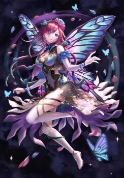 1girl absurdres armpits blue_eyes blue_flower blue_rose breasts bug butterfly butterfly_wings cleavage cleavage_cutout clothing_cutout commission covered_navel facial_mark fairy fairy_wings fire_emblem fire_emblem_engage fire_emblem_heroes flower gradient_clothes gradient_flower grey_sleeves hair_flower hair_ornament hair_over_one_eye hair_vines highres insect insect_wings large_breasts nintendo official_alternate_costume petals plant plant_hair purple_hair rose rupina_aoi second-party_source skeb_commission solo thighs thorns triandra_(fire_emblem) triandra_(reverent_dream)_(fire_emblem) vines wings