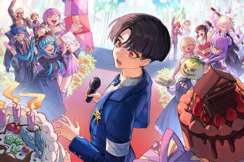 6+boys 6+girls :d ^_^ ahoge amemiya_darumi aotsuki_eito armband banknote black_dress black_hair black_haori black_jacket black_kimono black_pants black_streaks blonde_hair blue_bow blue_bowtie blue_hair blue_jacket bow bowtie brown_hair cake candle censored character_pin cherry chocolate closed_eyes commentary crossdressing crossdressing_(mtf) crossed_arms dark-skinned_female dark_skin dress earrings english_commentary eye_print eyepatch facial_mark fire fish floating food formal_clothes fruit gift ginzaki_shouma glasses grey_hair hair_bow hair_bun hair_over_one_eye hair_over_shoulder hairband hakama hakama_pants haori heart heart_facial_mark holding holding_microphone holding_plate holding_sword holding_weapon implied_yaoi jacket japanese_clothes jewelry kawana_tsubasa kimono last_defense_academy_school_uniform long_hair magadori_kyoshika makeup maruko_gaku masked microphone mojiro_moko money mosaic_censoring multicolored_hair multiple_boys multiple_girls omokage_yugamu oosuzuki_kurara open_mouth out_of_frame pants pink_fire plate ponytail print_eyepatch purple_hair red_bow red_bowtie red_dress red_eyes red_hair red_vest redricewine runny_makeup school_uniform shion_(hundred_line) shirt shizuhara_hiruko short_hair smile strapless strapless_dress strawberry streaked_hair suit sumino_takumi sword tearing_up the_hundred_line_-last_defense_academy- tsukumo_ima twintails two-tone_hair vest weapon wedding_dress white_armband white_dress white_hair white_hairband white_shirt yakushiji_takemaru