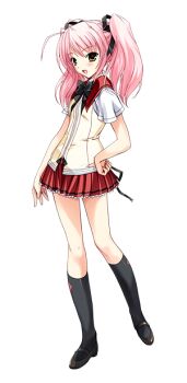 Rule 34 | 1girl, brown eyes, choukou (alicesoft), choukou sennin haruka, full body, hair ribbon, hand on own hip, kneehighs, long hair, official art, onigirikun, open mouth, otogi frontier, pink hair, ribbon, school uniform, second-party source, shihoudou narika, shoes, skirt, smile, socks, solo, tachi-e, transparent background, twintails, variant set, yellow eyes