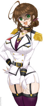 Rule 34 | 1girl, ahoge, breasts, brown hair, chamumi (mochiumee), epaulettes, female admiral (kancolle), folded ponytail, full body, garter belt, gloves, green eyes, hand on own hip, highres, jacket, kantai collection, looking at viewer, military jacket, miniskirt, mole, mole on breast, mole under mouth, open mouth, pencil skirt, simple background, skirt, smile, solo, thighhighs, white background, white gloves, white jacket