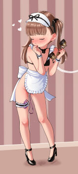1girl antique_phone apron back_bow bikini bikini_top_only black_bikini black_choker black_ribbon black_shoes blush bottomless bow brown_hair choker closed_eyes controller female_focus finger_in_own_mouth flat_chest frilled_apron frilled_bikini frilled_hairband frilled_thigh_strap frills full_body gluteal_fold groin hair_ribbon hairband high_heels highres holding holding_phone indoors legs loli long_hair maid maid_bikini nose_blush original phone pigeon-toed pussy_juice raised_eyebrows remote_control remote_control_vibrator ribbon saliva sex_toy shiratama_(pixiv_89836035) shoes skindentation solo standing striped_background sweat swimsuit thigh_strap thighs tongue tongue_out twintails u_u unconventional_maid vibrator vibrator_cord waist_apron white_apron white_bow wrist_cuffs