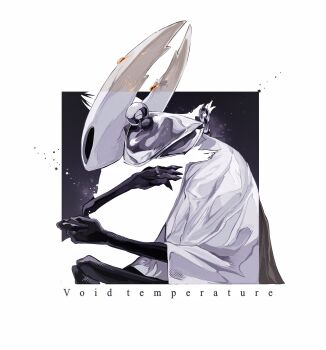 1boy 1other armor artist_name ben-day_dots black_cloak chain cloak commentary crack english_commentary english_text father_and_child highres hightguy hollow_eyes hollow_knight hollow_knight_(character) horns hug pale_king_(hollow_knight) pauldrons pure_vessel screentones shoulder_armor white_cloak