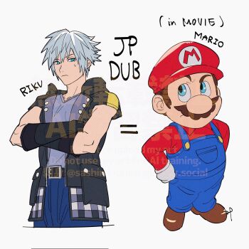 2boys belt black_arm_warmers black_belt blue_eyes blue_overalls blue_pants brown_hair commentary_request crossed_arms facial_hair frown hat highres hood hooded_coat kingdom_hearts kingdom_hearts_iii male_focus mario mario_(series) miyano_mamoru multiple_boys mustache nintendo overalls pants raised_eyebrow red_hat red_shirt riku_(kingdom_hearts) sashimi_umasugi shirt short-sleeved_coat signature sweatdrop the_super_mario_bros._movie voice_actor_connection watermark