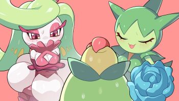 2girls backlighting bare_shoulders blue_flower blue_rose blush breasts cleavage cleavage_cutout closed_eyes clothing_cutout colored_skin covered_mouth cowboy_shot drunkoak fang female_focus flower gen_3_pokemon gen_7_pokemon green_hair green_skin half-closed_eyes happy highres leaning_forward light_blush long_hair looking_at_another medium_breasts midriff miniskirt monster_girl multicolored_skin multiple_girls navel nervous nintendo open_mouth plant_girl pokemon pokemon_(creature) purple_eyes purple_skin red_background red_flower red_rose rose roselia_(pokemon) shiny_skin short_hair simple_background skin_fang skirt smile smoliv standing stomach sweat tsareena two-tone_skin u_u white_skin white_skirt