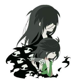 Rule 34 | 1boy, 1girl, black hair, closed eyes, closed mouth, commentary request, dororo (character), dororo (tezuka), expressionless, hair over eyes, hand on another's shoulder, highres, hyakkimaru (dororo), long hair, long sleeves, prosthesis, prosthetic arm, simple background, tanba (tanba-art), white background