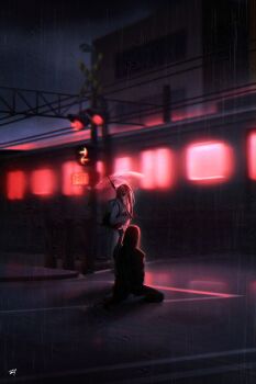 1boy 1girl absurdres adashino_adami bbabbamis2 black_hair commentary_request highres holding holding_umbrella homicipher japanese_clothes kimono korean_commentary long_hair looking_at_another mr._crawling night outdoors pink_hair rain raincoat road sitting train umbrella very_long_hair wide_shot