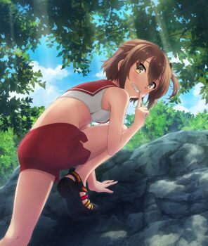 1girl adapted_costume back bikini bikini_shorts black_ribbon black_sandals blue_sky blush breasts brown_hair climbing cloud dappled_sunlight day dot_nose double-parted_bangs etou_kanami finger_to_mouth foot_out_of_frame game_cg grin hair_ribbon index_finger_raised looking_back minoseki_gakuin_uniform nature official_art one_side_up outdoors red_sailor_collar red_shorts ribbon rock sailor_collar sandals school_uniform short_hair shorts shushing sky small_breasts smile solo sunlight swimsuit third-party_source toji_no_miko toji_no_miko:_kizamishi_issen_no_tomoshibi tree uneven_footing white_bikini yellow_eyes