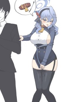 1boy 1girl absurdres ako_(blue_archive) animal_collar bell black_hairband black_thighhighs blue_archive blue_dress blue_eyes blue_hair blue_halo blush breasts clothes_grab collar commentary cowbell dress dress_tug earrings garter_straps grabbing_another's_sleeve hair_between_eyes hairband halo highres jewelry large_breasts long_hair long_sleeves looking_at_another neck_bell open_mouth oro_(lsg0624) pussy_juice riding_crop sensei_(blue_archive) shirt sideboob simple_background single_garter_strap smile solo_focus spoken_object stud_earrings thighhighs wet_thighhighs white_background white_shirt