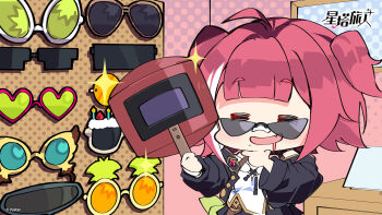 Rule 34 | 1girl, = =, ahoge, aviator sunglasses, black coat, brown-framed eyewear, chibi, chibi only, chinese commentary, chinese text, coat, commentary request, copyright name, drooling, food-themed eyewear, heart, heart-shaped eyewear, highres, holding, holding mask, indoors, mask, medium hair, mole, mole under mouth, mouth drool, multicolored hair, off shoulder, official art, open clothes, open coat, orange-tinted eyewear, red hair, shirt, solo, sparkle, standing, stella sora, streaked hair, sunglasses, tinted eyewear, unworn eyewear, vollara (stella sora), welding mask, white-framed eyewear, white hair, white shirt, yellow-framed eyewear